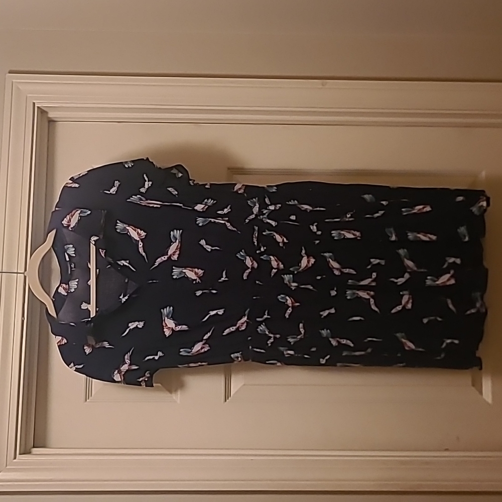 Modcloth Deep Navy With Bird Print Collared Shirt… - image 1